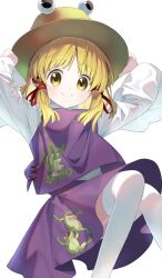 1girl absurdres animal_print arms_up blonde_hair brown_hat closed_mouth commentary_request feet_out_of_frame frog_print hair_ribbon hands_on_headwear harukawa_moe_(style) hat highres keiki8296 long_sleeves looking_at_viewer moriya_suwako parody parted_bangs purple_skirt purple_vest red_ribbon ribbon shirt short_hair sidelocks simple_background sitting skirt skirt_set smile solo style_parody thighhighs touhou tress_ribbon turtleneck turtleneck_shirt vest white_background white_shirt white_thighhighs wide_sleeves yellow_eyes