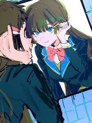 1girl 1other alternate_hair_color animegao black_jacket blazer blue_eyes bow bowtie brown_hair collared_shirt cosplay different_reflection dutch_angle hair_ornament hairclip hand_up highres indoors jacket kigurumi leaning_forward long_hair long_sleeves looking_at_reflection looking_at_viewer mask mirror nazono_mito nijisanji pecopecosupipi pink_bow pink_bowtie reflection school_uniform shirt smile tile_wall tiles tsukino_mito tsukino_mito_(1st_costume) tucking_hair upper_body virtual_youtuber white_shirt