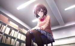 1girl black_pantyhose blue_skirt bookshelf bow bowtie braid brown_cardigan brown_eyes brown_hair cardigan collared_shirt colorful_palette earrings game_cg highres jewelry kuuhaku_no_canvas_ni_egaku_watashi_wa_(project_sekai) light_particles medium_hair official_art pantyhose plaid_clothes plaid_skirt pleated_skirt project_sekai red_bow red_bowtie shinonome_ena shirt single_earring sitting skirt solo third-party_source white_shirt