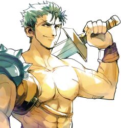 1boy abs bara bare_pectorals commentary dieck_(fire_emblem) english_commentary fire_emblem fire_emblem:_the_binding_blade green_hair highres holding holding_sword holding_weapon lady_kuki male_focus muscular muscular_male nintendo nipples over_shoulder pectorals scar scar_on_face short_hair simple_background solo sword sword_over_shoulder upper_body weapon weapon_over_shoulder