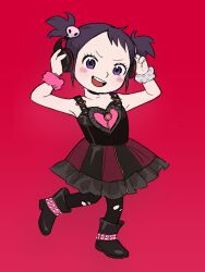 1girl alternate_costume alternate_hairstyle bare_shoulders bbibbipunpun black_boots black_dress blush blush_stickers boots child collarbone dress frilled_skirt frills full_body goth_fashion hair_ornament hand_on_headphones headphones heart heart_print highres kurozumi_tama looking_at_viewer mixed-language_commentary one_piece one_piece_film:_red open_mouth purple_eyes purple_hair red_background scrunchie skirt skull_hair_ornament solo standing standing_on_one_leg teeth twintails upper_teeth_only wrist_scrunchie