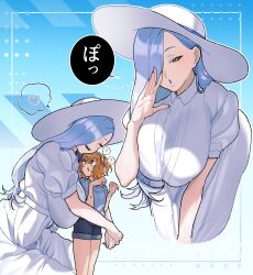 2girls ? absurdres ahoge blue_lips blue_shirt blue_shorts breasts closed_eyes dress eyeliner fate/grand_order fate_(series) fujimaru_ritsuka_(female) hair_over_one_eye hat height_difference highres hiyayaako hug large_breasts long_hair looking_at_viewer makeup medium_breasts mrs._snake_(fate) multiple_girls multiple_views one_side_up open_mouth orange_eyes orange_hair shirt short_hair short_sleeves shorts smile sun_hat translation_request white_dress white_hair white_hat yellow_eyes