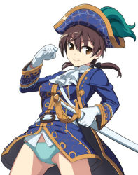 1girl ascot belt blue_panties brown_eyes brown_hair coat female_focus gertrud_barkhorn gloves hair_ribbon hat long_hair nanashino no_pants panties pirate pirate_hat ribbon saber_(weapon) scabbard sheath sheathed smile solo strike_witches sword twintails underwear weapon white_gloves world_witches_series