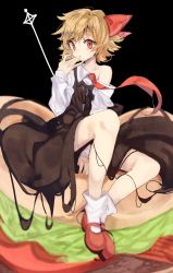 1girl bad_id bad_pixiv_id black_background blonde_hair burger chocolate commentary_request female_focus food full_body hair_ribbon hand_to_own_mouth highres knees_apart_feet_together lettuce looking_at_viewer mary_janes necktie off_shoulder red_eyes ribbon rumia shirt shirt_slip shoes short_hair sitting sitting_on_food skirt skirt_set socks solo suminagashi tomato toothpick touhou vest