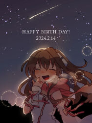 1girl 2024 :d ^_^ birthday blush brown_hair closed_eyes dated facing_viewer floating_hair fukomo happy_birthday kokone_(vocaloid) long_hair open_mouth red_scarf scarf shooting_star sky smile solo star_(sky) starry_sky upper_body vocaloid