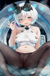 Rule 34 | 1girl, animal ears, aqua eyes, azur lane, bare arms, black pantyhose, blush, breasts, classic (zildjian33), crop top, cropped shirt, drooling, fake animal ears, goggles, goggles on head, hair between eyes, highres, holding, holding test tube, large breasts, looking at viewer, lowleg, lowleg pantyhose, m legs, mouth drool, navel, oleg (azur lane), open mouth, paid reward available, panties, panties under pantyhose, pantyhose, shirt, short hair, sitting, skindentation, sleeveless, sleeveless shirt, smile, solo, spread legs, steaming body, test tube, underwear, white hair, white shirt