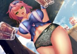 Rule 34 | 1girl, ahoge, alternate costume, animal print, black panties, blue headwear, blush, breasts, cleavage, commentary request, cup, drinking glass, dutch angle, fish print, green eyes, holding glass, huge breasts, looking at viewer, okunoda miyoi, okunoda miyoi (waitress of beach house kourindou), open mouth, panties, pink hair, short hair, shounen (hogehoge), solo, teeth, touhou, touhou lostword, underwear, upper teeth only, variant set, whale print