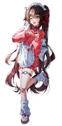 1girl ;d alternate_costume apron blush brown_hair commentary enmaided fingernails flower-shaped_pupils four-finger_heart_hands frilled_apron frilled_hairband frills full_body genshin_impact hair_between_eyes hairband heart heart_hands heart_o-ring highres hu_tao_(genshin_impact) jacket jersey_maid leg_up long_hair long_sleeves looking_at_viewer maid maid_headdress maru_(est3562) nail_polish o-ring o-ring_thigh_strap one_eye_closed open_mouth red_eyes red_jacket red_nails shoes simple_background smile solo standing standing_on_one_leg symbol-shaped_pupils thigh_strap track_jacket twintails unconventional_maid very_long_hair white_apron white_background white_hairband white_shoes