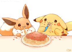 bright_pupils brown_eyes commentary_request creatures_(company) eating eevee food fork game_freak gen_1_pokemon holding messy mimix nintendo no_humans pasta pikachu plate pokemon pokemon_(creature) smile spaghetti white_pupils