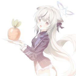 1girl animal_ears black_bow black_dress blue_archive blush bow carrot dress from_side grey_hair hair_between_eyes hair_bow highres holding holding_tray kokona_(blue_archive) long_hair looking_at_viewer open_mouth orange_eyes sidelocks solo striped_clothes striped_dress tray vertical-striped_clothes vertical-striped_dress xianyusixu