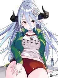 1girl alternate_costume blue_hair bottle breasts buruma draph female_focus flower granblue_fantasy green_jacket gym_shirt hair_between_eyes hair_flower hair_ornament hairclip highres hip_focus horns izmir jacket large_breasts long_hair looking_to_the_side mole mole_under_mouth name_tag nino_(shira) pointy_ears ponytail red_buruma red_eyes shirt simple_background sitting smile snowflake_hair_ornament solo track_jacket very_long_hair whistle white_background white_shirt