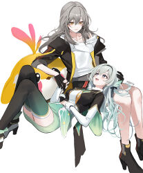 Rule 34 | 2girls, :d, absurdres, ankle boots, artist name, black boots, black gloves, blush, boots, closed mouth, firefly (honkai: star rail), gloves, grey hair, highres, honkai: star rail, honkai (series), lap pillow, long hair, looking at another, lying, meoyo, multiple girls, on back, open mouth, purple eyes, simple background, sitting, smile, stelle (honkai: star rail), thighhighs, trailblazer (honkai: star rail), white background, yellow eyes, yuri