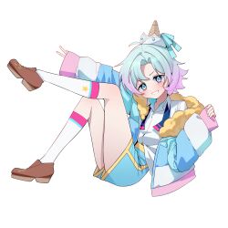 Rule 34 | 1girl, absurdres, agnamore, blue eyes, blue hair, blue jacket, blue shorts, blush, brown shoes, collared shirt, commentary request, commission, dress shirt, full body, fur-trimmed jacket, fur trim, gradient hair, grin, head tilt, highres, jacket, knee up, loafers, long sleeves, multicolored hair, off shoulder, open clothes, open jacket, original, parted bangs, pinching sleeves, pixiv commission, puffy long sleeves, puffy sleeves, purple hair, shirt, shoes, short shorts, shorts, simple background, sitting, sleeves past wrists, smile, socks, solo, star (symbol), tilted headwear, v, v-shaped eyebrows, white background, white shirt, white socks