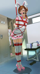 1boy anal_beads angry animal_ears apron ball_gag bdsm bell black_blindfold blindfold blue_eyes blush bondage bound bound_arms bound_legs bow brown_hair bulge butt_plug commission crossdressing crotch_rope cuffs dress frilled_apron frilled_dress frills frown gag gagged garter_straps gathers glaring grazelz hair_bow half-closed_eyes highres jingle_bell lace-trimmed_cuffs locker locker_room maid maid_apron maid_headdress mary_janes medium_hair neck_bell open_gift original pink_bow pink_dress pink_shoes ponytail predicament_bondage rabbit_ears red_rope restrained riding_crop rope sex_toy shibari shibari_over_clothes shoes sidelocks solo suspension swept_bangs thighhighs tile_floor tiles tiptoes trap turning_head v-shaped_eyebrows wavy_hair white_apron white_garter_straps white_thighhighs zettai_ryouiki