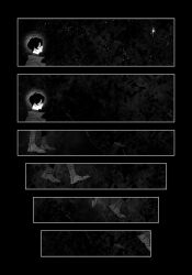 1boy benkdjjituibot black_background black_boots black_coat black_hair boots cloud coat combat_boots faceless greyscale highres inset_border male_focus monochrome multiple_views omniscient_reader&#039;s_viewpoint popped_collar short_hair sky solo sparkle star_(sky) starry_sky walking yoo_joonghyuk
