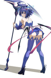 Rule 34 | 1girl, absurdres, ass, bare shoulders, black shoes, blue eyes, blue hair, blue panties, blue sleeves, blue thighhighs, bob cut, daidai53139, detached sleeves, dress, full body, hair ornament, highres, holding, holding scythe, holding weapon, honkai (series), honkai impact 3rd, kneepits, panties, scythe, seele vollerei, seele vollerei (swallowtail phantasm), shadow, shoes, short hair, simple background, solo, standing, thighhighs, underwear, weapon, white background, white dress