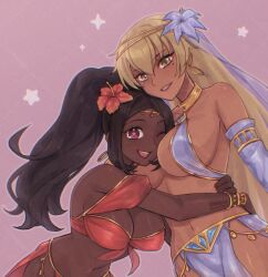2girls ;d alternate_costume armpits between_breasts black_hair blonde_hair breasts cleavage commentary commission dancer dark-skinned_female dark_skin earrings english_commentary face_between_breasts fire_emblem fire_emblem:_the_binding_blade fire_emblem_engage flower grin hair_between_eyes hair_flower hair_ornament head_between_breasts hoop_earrings hug igrene_(fire_emblem) jewelry large_breasts long_hair looking_at_viewer mole mole_under_eye multiple_girls nintendo one_eye_closed open_mouth ponytail red_eyes smile star-shaped_pupils star_(symbol) symbol-shaped_pupils symoca timerra_(fire_emblem) very_dark_skin yellow_eyes yuri