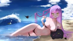 1girl absurdres beach bibi_(tokoyami_towa) bikini bikini_top_pull black_bikini black_tail blush breasts demon_girl demon_tail galileoningyo_e green_eyes highres hololive long_hair lying medium_breasts ocean on_side partially_submerged purple_hair sand solo_focus swimsuit tail tokoyami_towa virtual_youtuber water weapon