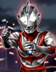 1boy alien blurry blurry_background building city city_lights cityscape color_timer colored_skin commentary compound_eyes dorsal_fin fighting_stance giant glowing glowing_eyes hands_up hanejidyna86 highres looking_ahead male_focus multicolored_skin night night_sky open_hands outdoors pectorals red_skin silver_skin sky skyscraper solo standing tokusatsu toned toned_male twitter_username two-tone_skin ultra_series ultraman_neos ultraman_neos_(series) upper_body white_eyes wrinkled_skin