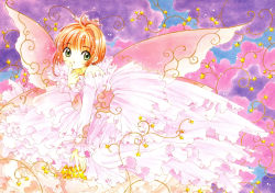 1990s_(style) 1girl absurdres antenna_hair brown_hair cardcaptor_sakura child clamp dress female_focus green_eyes highres kinomoto_sakura off_shoulder official_art retro_artstyle short_hair solo wings