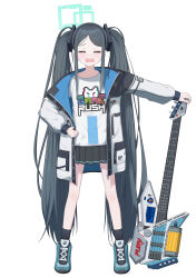 1girl absurdres alternate_costume alternate_hairstyle aqua_halo aris_(blue_archive) black_skirt black_socks blue_archive closed_eyes collarbone commentary_request dsfr electric_guitar facing_viewer full_body green_shoes guitar halo highres instrument jacket long_sleeves multicolored_jacket open_mouth pleated_skirt shirt shoes simple_background skirt socks solo standing sweatdrop twintails white_background white_jacket white_shirt