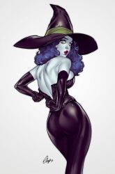 Rule 34 | 1girl, black dress, black gloves, black hat, blue hair, character request, colored skin, dress, elbow gloves, elias chatzoudis, gloves, green eyes, grey skin, halloween, hat, highres, long dress, long hair, looking at viewer, looking back, original, red lips, signature, simple background, solo, strapless, strapless dress, tight clothes, tight dress, white background, witch hat, zipping
