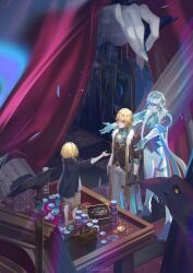 absurdres aged_down aqua_shirt aventurine_(honkai:_star_rail) bird black_gloves black_jacket blonde_hair collared_shirt crow fur_trim gloves hair_between_eyes highres honkai:_star_rail honkai_(series) jacket kakavasha_(honkai:_star_rail) male_focus pants pogogu poker_chip shirt short_hair white_pants