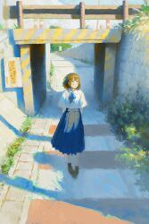 1girl blue_bow blue_bowtie blue_skirt bow bowtie bridge brown_eyes brown_hair brown_shoes closed_mouth collared_shirt commentary_request day fjsmu full_body grass highres original outdoors pleated_skirt school_uniform shirt shoes short_hair short_sleeves skirt solo standing summer white_shirt