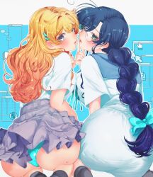 2girls ahoge aqua_bow ass blonde_hair blue_background blue_hair blue_panties blush border bow braid braided_ponytail breasts closed_mouth colored_skin dress filter-goshi_no_kanojo glass green_eyes grey_skin gyaru hachiya_temari hair_ornament hand_up kneeling koto_mitsuha large_breasts long_hair looking_back multiple_girls official_art oomsz panties purple_eyes sailor_collar school_uniform shirt underwear very_long_hair white_border white_dress white_shirt