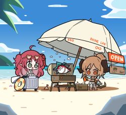 Rule 34 | 2girls, arknights, beach, beach umbrella, bikini, blue sky, chibi, closed mouth, commentary request, day, demon girl, demon horns, green eyes, grill, heart, heart-shaped eyewear, highres, horns, ifrit (arknights), ifrit (sunburn) (arknights), korean commentary, malrangdonut, multiple girls, myrtle (arknights), myrtle (summer flowers) (arknights), ocean, official alternate costume, open mouth, orange eyes, pointy ears, red hair, rolling suitcase, sacabambaspis, sky, suitcase, swimsuit, umbrella, water, white bikini