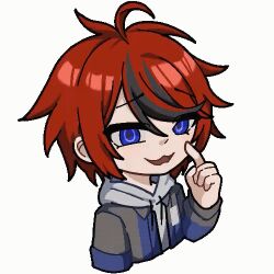 1boy :3 ahoge animated animated_gif black_hair blue_eyes hand_up hood hoodie long_sleeves male_focus multicolored_hair open_mouth red_hair simple_background sumino_takumi sweat sweatdrop the_hundred_line_-last_defense_academy-