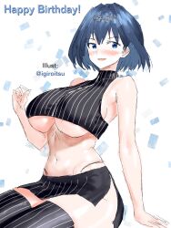 blue_eyes blue_hair breasts clothing_cutout crop_top highres hololive hololive_english igiroitsu large_breasts midriff navel_cutout ouro_kronii skirt smile thick_thighs thighhighs thighs underboob virtual_youtuber