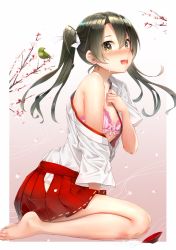 10s 1girl absurdres alcohol barefoot bird blush bow bow_bra bra branch cherry_blossoms crying crying_with_eyes_open cup embarrassed feet female_focus from_side full-face_blush green_hair hair_between_eyes highres kantai_collection legs looking_at_viewer nontraditional_miko open_mouth pink_bow pink_bra pleated_skirt red_skirt sakazuki sake shirt_slip sitting skirt solo somalisu spill tears teeth twintails underwear wariza yellow_eyes zuikaku_(kancolle)