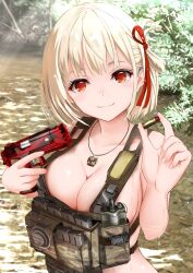 1girl blonde_hair breasts bullet chest_rig cleavage clogs day dot_nose gibun_(sozoshu) gun hair_ribbon handgun highres holding holding_bullet holding_gun holding_weapon jewelry large_breasts looking_at_viewer lycoris_recoil m1911 magazine_(weapon) military nishikigi_chisato one_side_up outdoors pendant red_eyes red_ribbon ribbon river short_hair smile solo sunlight trigger_discipline upper_body vest walkie-talkie water weapon wet