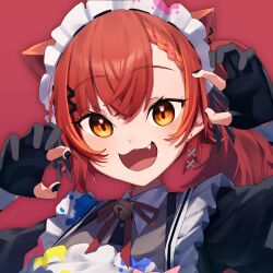 1girl absurdres animal_ears apron bell black_gloves black_nails black_ribbon blush commentary earrings fang gloves hair_ribbon highres jewelry looking_at_viewer maid_apron maid_headdress multicolored_hair neck_bell nekota_tsuna nekota_tsuna_(3rd_costume) open_mouth orange_eyes orange_hair partially_fingerless_gloves red_background red_hair ribbon sio_iwana solo streaked_hair two-tone_hair virtual_youtuber vspo!