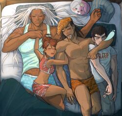 2boys 2girls abs asahina_aoi bare_shoulders bed bisexual_female bisexual_male blanket breasts centralhime chest_hair closed_mouth danganronpa:_trigger_happy_havoc danganronpa_(series) dark-skinned_female dark-skinned_male dark_skin grey_pants hair_ornament hairclip highres ishimaru_kiyotaka large_breasts long_hair lying medium_breasts monomi_(danganronpa) multiple_boys multiple_girls muscular muscular_female ogami_sakura on_back owada_mondo pants pillow pompadour red_shorts scar scar_on_face shirt shorts sleeping topless_male underwear underwear_only white_hair white_shirt