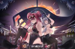 2girls animal_ears artist_name axe azur_lane back-to-back backless_leotard bare_shoulders black_dress black_leotard black_pantyhose black_thighhighs bra bra_peek braid braided_bun breasts bremerton_(azur_lane) bremerton_(kung_fu_cruiser)_(azur_lane) bridal_gauntlets china_dress chinese_clothes cleavage commentary covered_navel double_bun dress english_commentary explosion eyewear_on_head fake_animal_ears feet_out_of_frame grey_bra hair_bun hair_intakes highres large_breasts leg_up leotard leotard_under_clothes levi11 long_hair looking_at_viewer mechanical_hands mole mole_on_breast mole_under_eye multicolored_hair multiple_girls nail_polish official_alternate_costume panties panty_straps pantyhose pelvic_curtain pink_eyes pink_hair playboy_bunny polearm purple_eyes purple_nails rabbit_ears reno_(azur_lane) reno_(reno_bunnino)_(azur_lane) round_eyewear side-tie_leotard single_mechanical_hand sitting sleeveless sleeveless_dress smile standing standing_on_one_leg strapless strapless_bra streaked_hair string_panties thighhighs tinted_eyewear underwear weapon white_wrist_cuffs wrist_cuffs yellow-tinted_eyewear