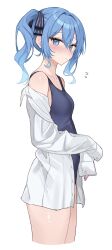 1girl alternate_costume asymmetrical_sidelocks blue_eyes blue_hair blue_one-piece_swimsuit blue_ribbon blush breasts commentary cropped_legs double-parted_bangs dress_shirt flying_sweatdrops from_side hair_between_eyes hair_ribbon highres hololive hoshimachi_suisei kohaku_(csacu) long_sleeves looking_at_viewer medium_hair nail_polish off_shoulder one-piece_swimsuit open_clothes open_shirt ribbon shirt side_ponytail sidelocks simple_background single_sleeve_past_fingers small_breasts solo star_(symbol) star_in_eye swimsuit symbol-only_commentary symbol_in_eye virtual_youtuber white_background white_shirt