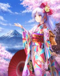 Rule 34 | 1girl, angel beats!, blue sky, bow, cherry blossoms, cloud, day, feet out of frame, frilled bow, frills, goto p, hair bow, highres, japanese clothes, kimono, long hair, mount fuji, multicolored kimono, obi, oil-paper umbrella, outdoors, red bow, red umbrella, sash, sky, solo, standing, tachibana kanade, umbrella, volcano, white eyes, yellow eyes