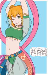 Rule 34 | 1boy, 3girls, ;p, absurdres, arms up, belly, breasts, dancer, double bun, female focus, fire emblem, fire emblem: the binding blade, hair bun, highres, larum (fire emblem), leud, lilina (fire emblem), medium breasts, multiple girls, navel, nintendo, one eye closed, roy (fire emblem), shanna (fire emblem), solo focus, thighs, tongue, tongue out, watching