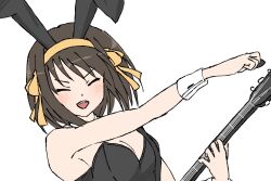 1girl animal_ears bare_shoulders black_leotard blush breasts closed_eyes electric_guitar fake_animal_ears guitar hair_ribbon hairband highres holding holding_guitar holding_instrument holding_plectrum instrument leotard medium_breasts music open_mouth outstretched_arm playboy_bunny playing_guitar playing_instrument plectrum rabbit_ears ribbon short_hair simple_background smile solo strapless strapless_leotard suzumiya_haruhi suzumiya_haruhi_no_yuuutsu teeth upper_body upper_teeth_only v-shaped_eyebrows waka_849 white_background white_wrist_cuffs wrist_cuffs yellow_hairband yellow_ribbon