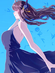 1girl alternate_costume black_hair blue_background blue_dress blue_hair breasts closed_mouth colored_inner_hair demon_horns dress heart highres hololive hololive_english horns mole mole_under_eye multicolored_hair nerissa_ravencroft qwq_oekaki red_eyes sideboob smile solo virtual_youtuber