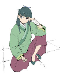 Rule 34 | 1girl, arm wrap, blue ribbon, closed mouth, elbow on knee, expressionless, flats, freckles, full body, green footwear, green hair, green robe, hair over shoulder, hair ribbon, half updo, hand on own head, head tilt, henriiku (ahemaru), highres, knee up, kusuriya no hitorigoto, long hair, long skirt, long sleeves, looking to the side, low-tied long hair, maomao (kusuriya no hitorigoto), red skirt, ribbon, robe, simple background, sitting, skirt, solo, white background