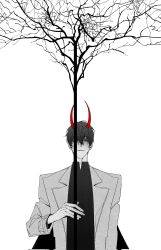 Rule 34 | 1boy, benkdjjituibot, black hair, black skirt, branch, coat, collared shirt, covering one eye, demon horns, double-parted bangs, fingernails, highres, holding, holding branch, horns, light smile, long fingernails, looking at viewer, male focus, omniscient reader&#039;s viewpoint, red eyes, shirt, short hair, skirt, solo, spot color, tree, upper body, white coat
