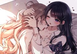 2girls absurdres akatsuki_mikoto aoi_rei bite_mark black_hair bow bowtie breasts brown_hair cleavage closed_eyes collared_shirt earrings hair_ornament hairclip heart highres indoors jewelry kudo_eru licking long_hair long_sleeves mole multiple_girls one_eye_closed open_mouth original purple_eyes shirt spoken_heart striped_bow striped_bowtie striped_clothes sweat tongue tongue_out translation_request twitter_username white_shirt yuri