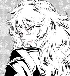 1boy armor blue_eyes eyelashes eyeshadow gold_cloth gold_saint greyscale half-closed_eyes lipstick long_hair looking_at_viewer looking_back makeup male_focus mizuhara_aki mole mole_under_eye monochrome parted_lips pink_eyeshadow pink_lips pisces_aphrodite portrait saint_seiya solo spot_color trap