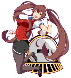 Rule 34 | 1girl, ;d, black footwear, black pantyhose, black skirt, blue bow, blue bowtie, bow, bowtie, commentary request, gloves, green eyes, hai-sai chou tokkyuu turbo, high heels, hinata (hai-sai chou tokkyuu turbo), jumping, long hair, miniskirt, one eye closed, open mouth, pantyhose, pencil skirt, qwel 08, red vest, salute, shirt, short sleeves, single horizontal stripe, skirt, smile, solo, train attendant, travel attendant, twintails, very long hair, vest, white gloves, white shirt