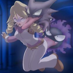 Rule 34 | 1girl, :o, alucard2014g, aria (pokemon ranger), belt, blonde hair, blurry, blurry background, brown belt, brown footwear, brown gloves, commentary request, dress, fangs, fingerless gloves, gastly, gen 1 pokemon, gloves, grey eyes, hand on another&#039;s face, highres, indoors, licking ass, long hair, nintendo, open mouth, pokemon, pokemon (creature), pokemon ranger (series), shoes, teeth, tongue, tongue out, twintails, upper teeth only, white dress