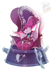 absurdres arrow_through_heart ascot bare_shoulders barrel bicorne bkub_(style) black_coat black_headwear breasts brooch buttons cleavage coat eyepatch frilled_shirt_collar frills gold_trim hair_ribbon hat highres hololive houshou_marine houshou_marine_(1st_costume) jacket jewelry lapel_pin large_breasts leotard leotard_under_clothes long_hair off_shoulder pirate_hat pop-up_pirate qianjing red_ascot red_eyes red_hair red_jacket red_ribbon ribbon see-through_clothes see-through_cleavage see-through_leotard simple_background sleeveless sleeveless_jacket stuck sweatdrop twintails usada_pekora virtual_youtuber white_background