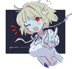 1girl :d arcueid_brunestud bare_shoulders blonde_hair blush breasts choker cleavage crescent crescent_hair_ornament detached_sleeves dress gloves gold_trim hair_ornament highres kanoko_iii magical_girl one_eye_closed open_mouth phantas-moon red_eyes short_hair sketch smile tsukihime tsukihime_(remake) upper_body v white_dress white_gloves
